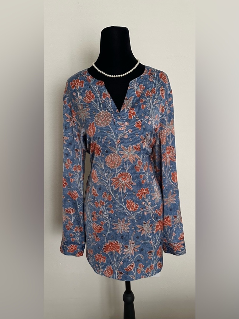 Chico's Blue Floral V-Neck Tunic with Rust Accents